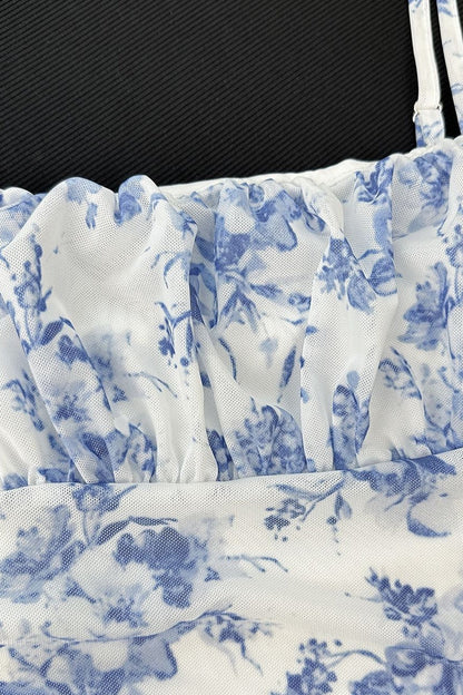 Blue Floral Ruched Strap Dress