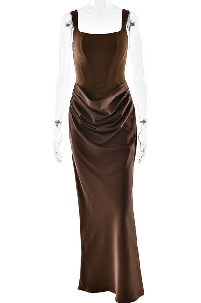 Brown Square Fitted Draped Long Dress
