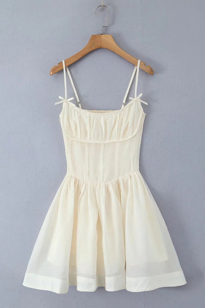 Beige Bow Spaghetti Strap Ruched Short Skirt