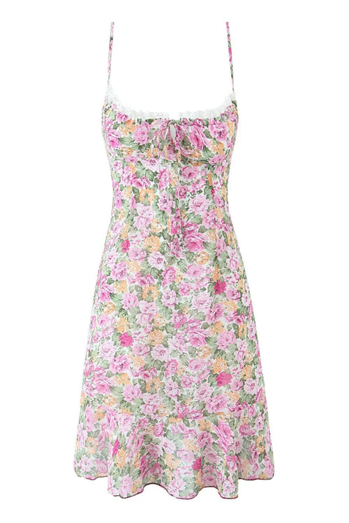 Fuchsia Floral Spaghetti Strap Bow Long Dress
