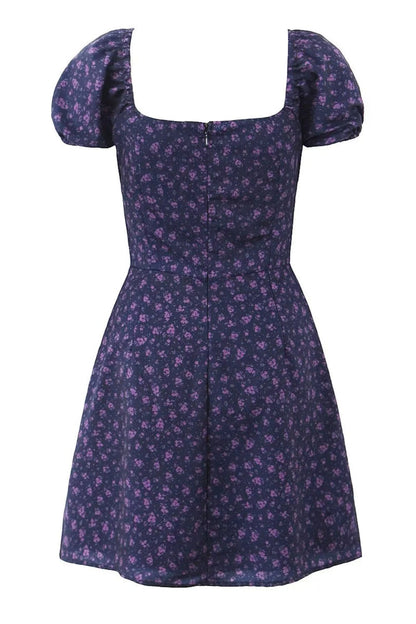 Blue Floral Cap Sleeve Bow Long Dress