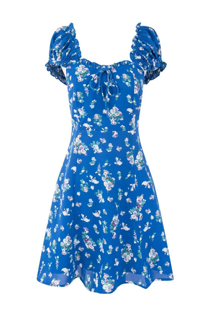 Blue Floral Puff Sleeves Bow Long Dress