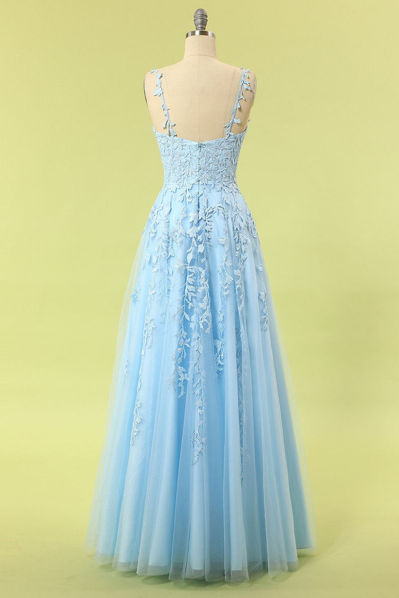Blue Lace Appliques A-line Long Formal Dress