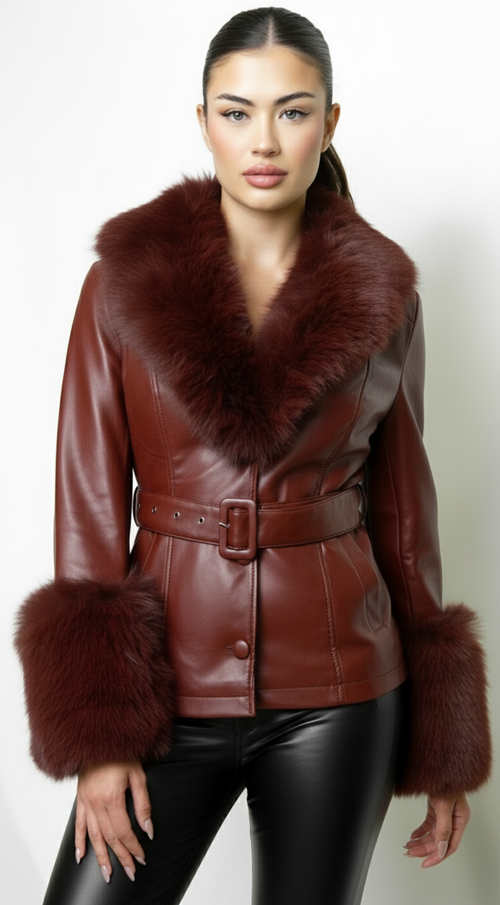 Anzhelina Faux Fur Leather Jacket - Brown