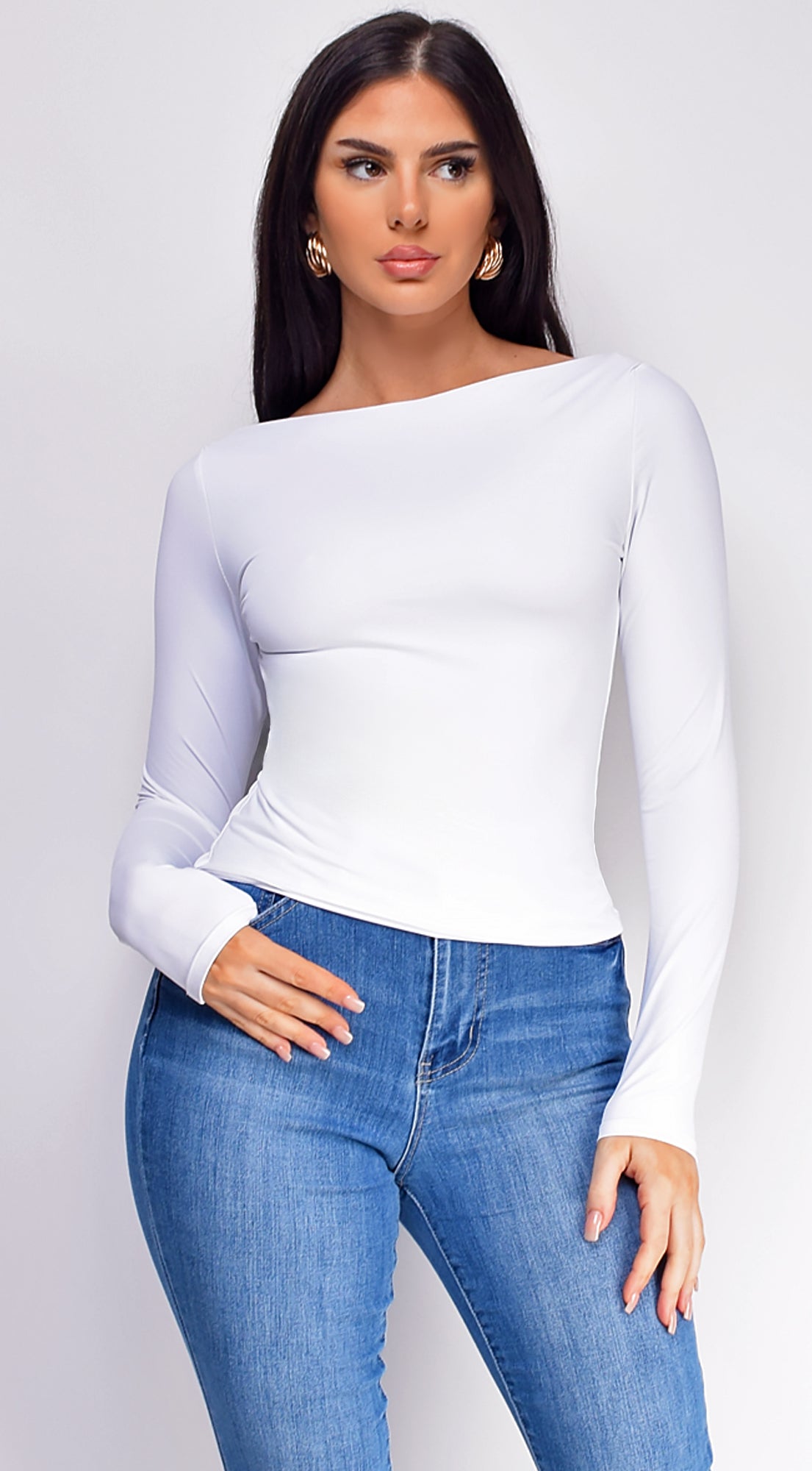 Rhylie Basic Boat Neck Long Sleeve Top - White
