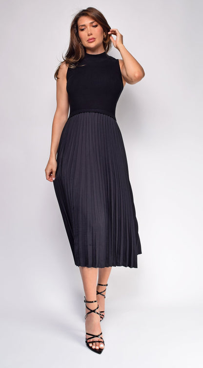 Ashlen Black Pleated Contrast High Neck Midi Dress