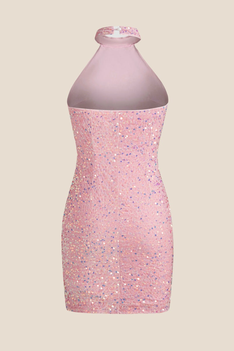 High Neck Pink Sequin Bodycon Short Dress