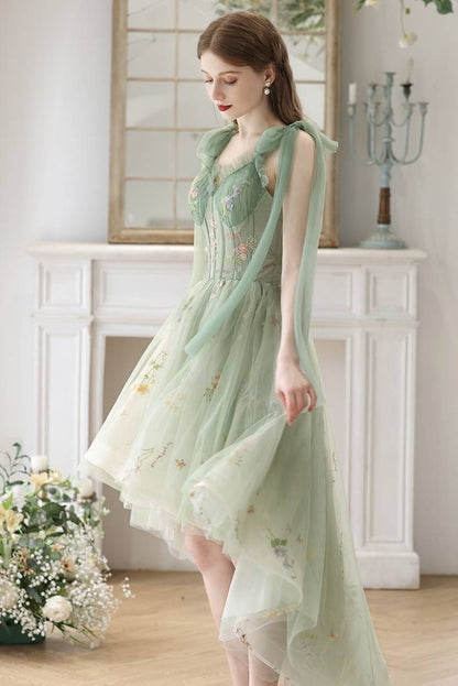 High Low Green Floral Tulle Party Dress