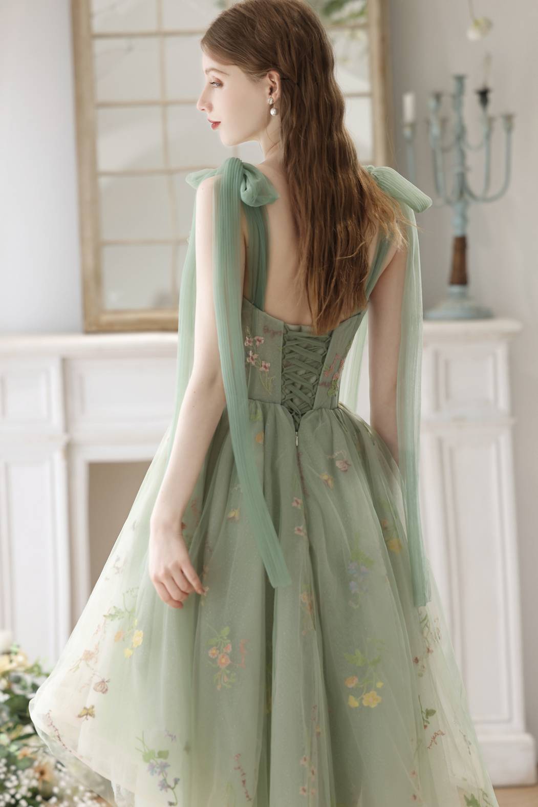 High Low Green Floral Tulle Party Dress