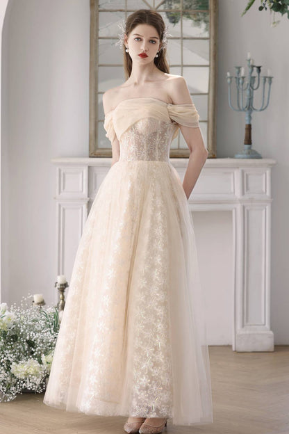 Off the Shoulder Champagne Tulle Princess Gown