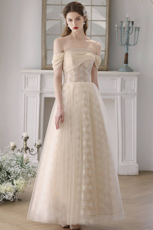Off the Shoulder Champagne Tulle Princess Gown