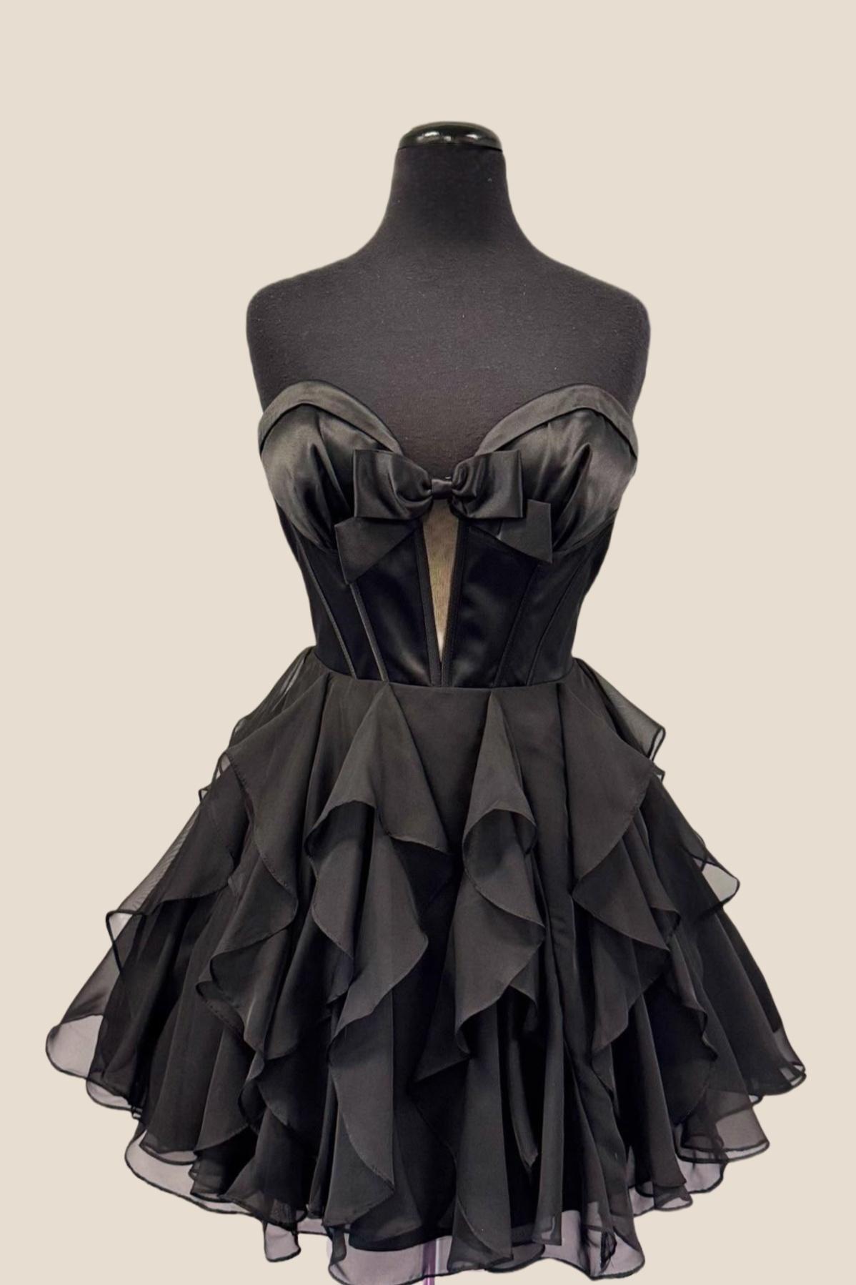 Black Sweetheart A-line Short Chiffon Ruffle Dress