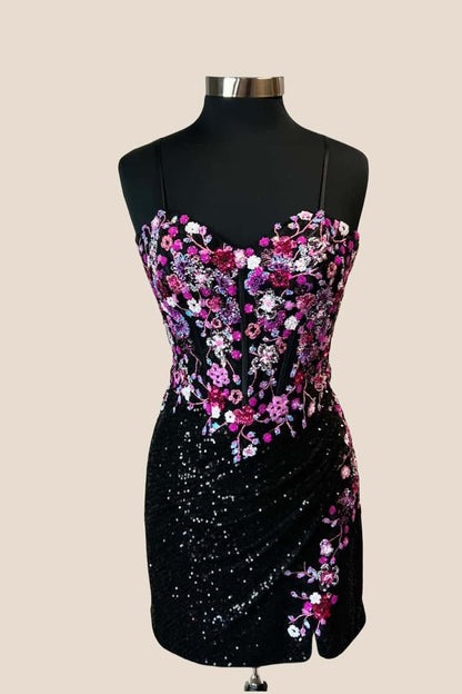 Fuchsia Sequin Embroidered Tight Short Dress