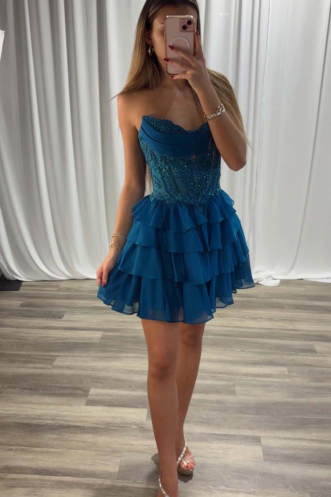 Peacock Strapless Short Ruffle Dress