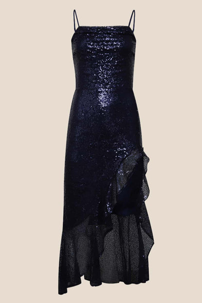 Navy Blue Sequin Cowl Neck Frill Dress