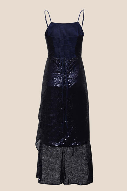 Navy Blue Sequin Cowl Neck Frill Dress