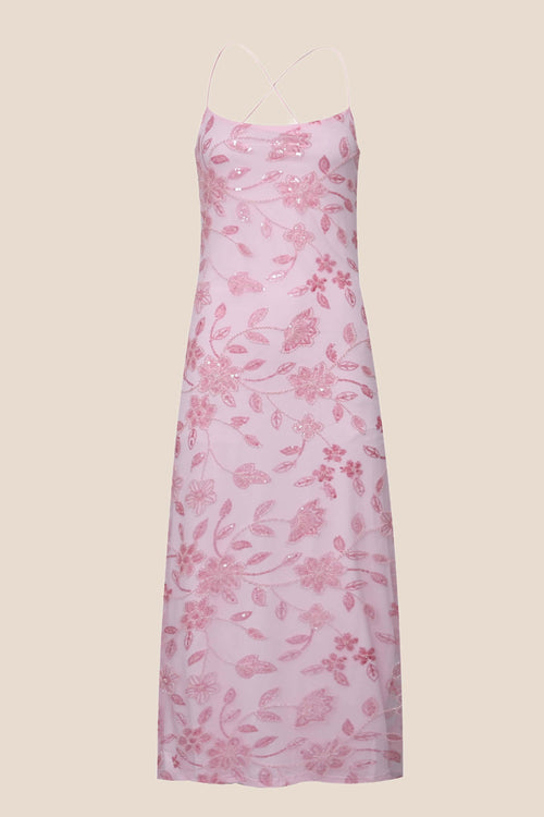 Pink Beaded Flowers Fitted Long Dress