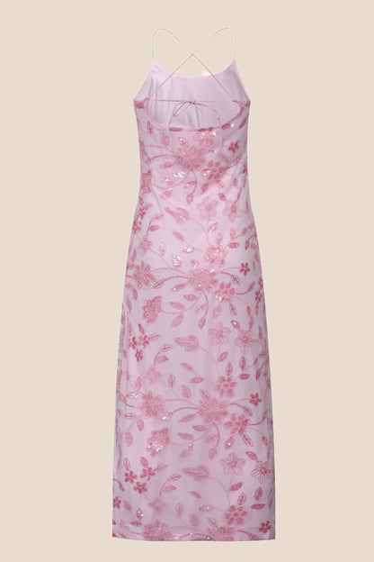 Pink Beaded Flowers Fitted Long Dress