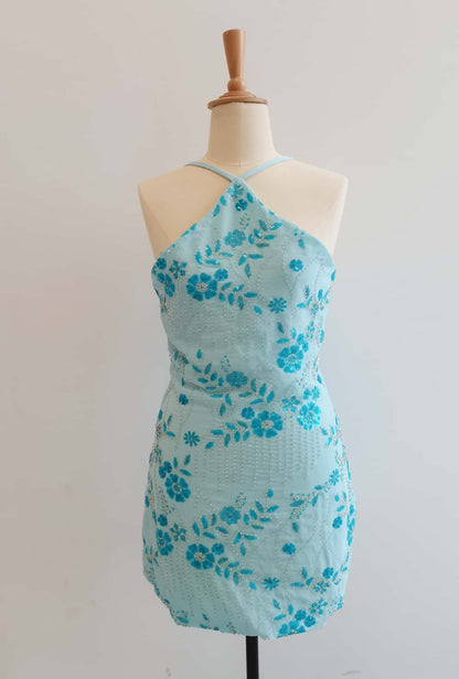 Blue Halter Beaded Fitted Short Dress