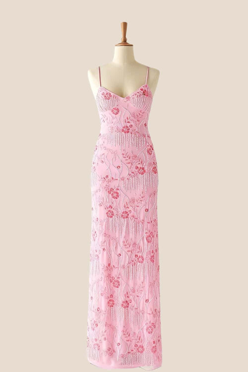 Pink Beaded Straps Fitted Long Dress