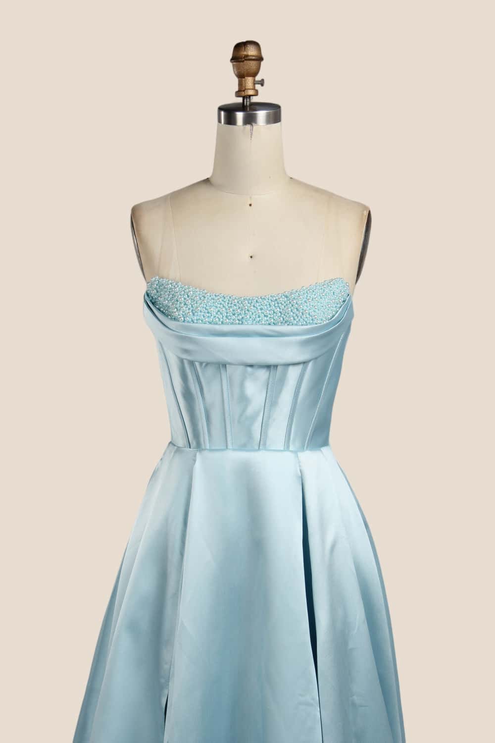 Light Blue Cowl Neck Pearls Satin Gown