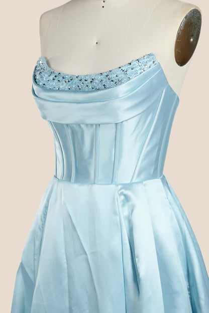 Light Blue Beaded Cowl Neck Formal Gown