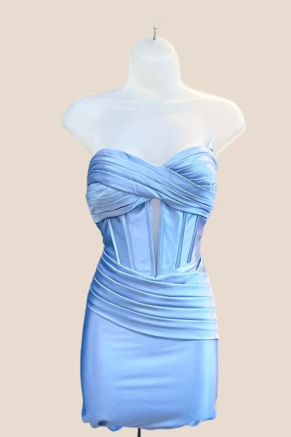 Light Blue Ruched Tight Short Dress