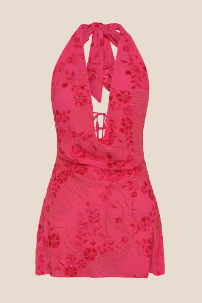 Pink Beaded Cowl Neck Short Dress