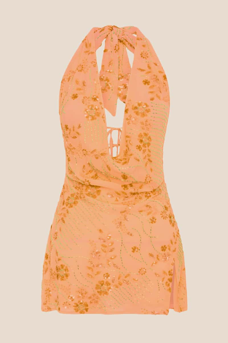 Pink Beaded Cowl Neck Short Dress
