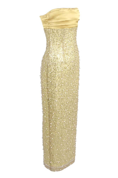 Gold Strapless Pearls Fitted Maxi Dress