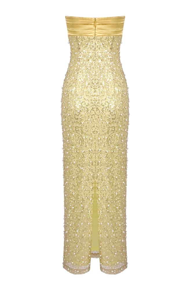 Gold Strapless Pearls Fitted Maxi Dress