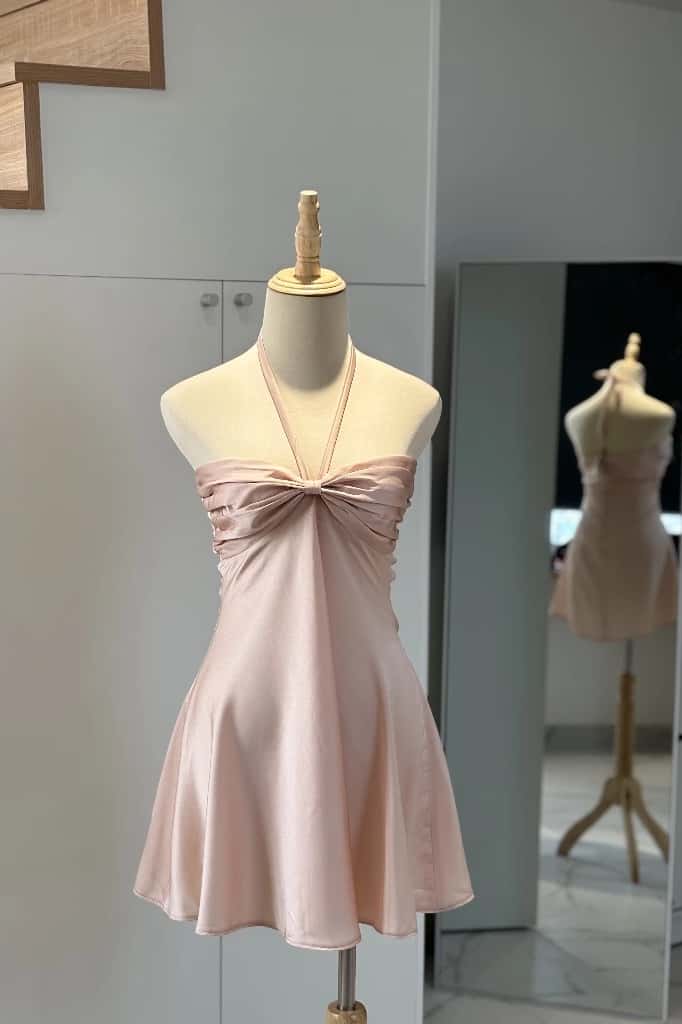 Pink Halter Ruched Short Dress