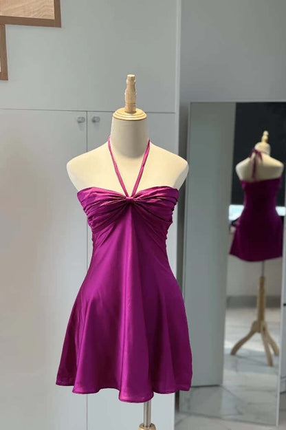 Pink Halter Ruched Short Dress