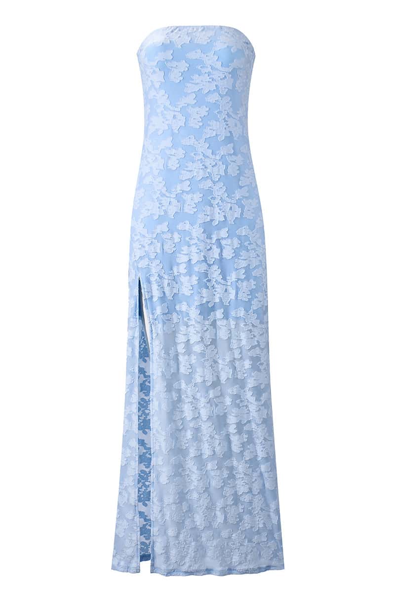 Blue Lace Strapless Long Dress with Slit