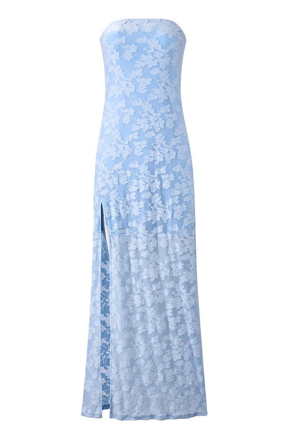 Blue Lace Strapless Long Dress with Slit