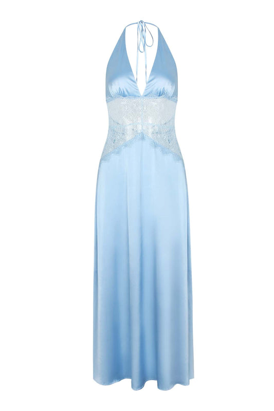 Blue Halter Sheer Plunge Long Maxi Dress
