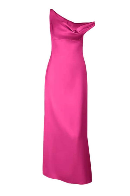 One Shoulder Aqua Satin Fitted Long Maxi Dress