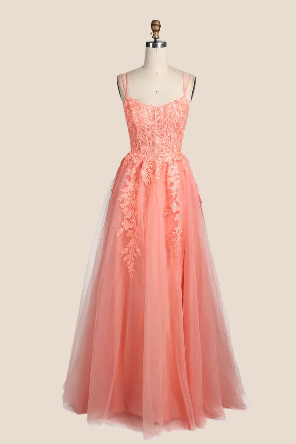 Peach Appliques A-line Long Formal Gown