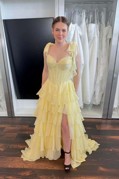 Beaded Light Blue Chiffon Ruffle Slit Prom Dress