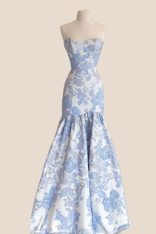 Blue Floral Jacquard Mermaid Long Prom Dress