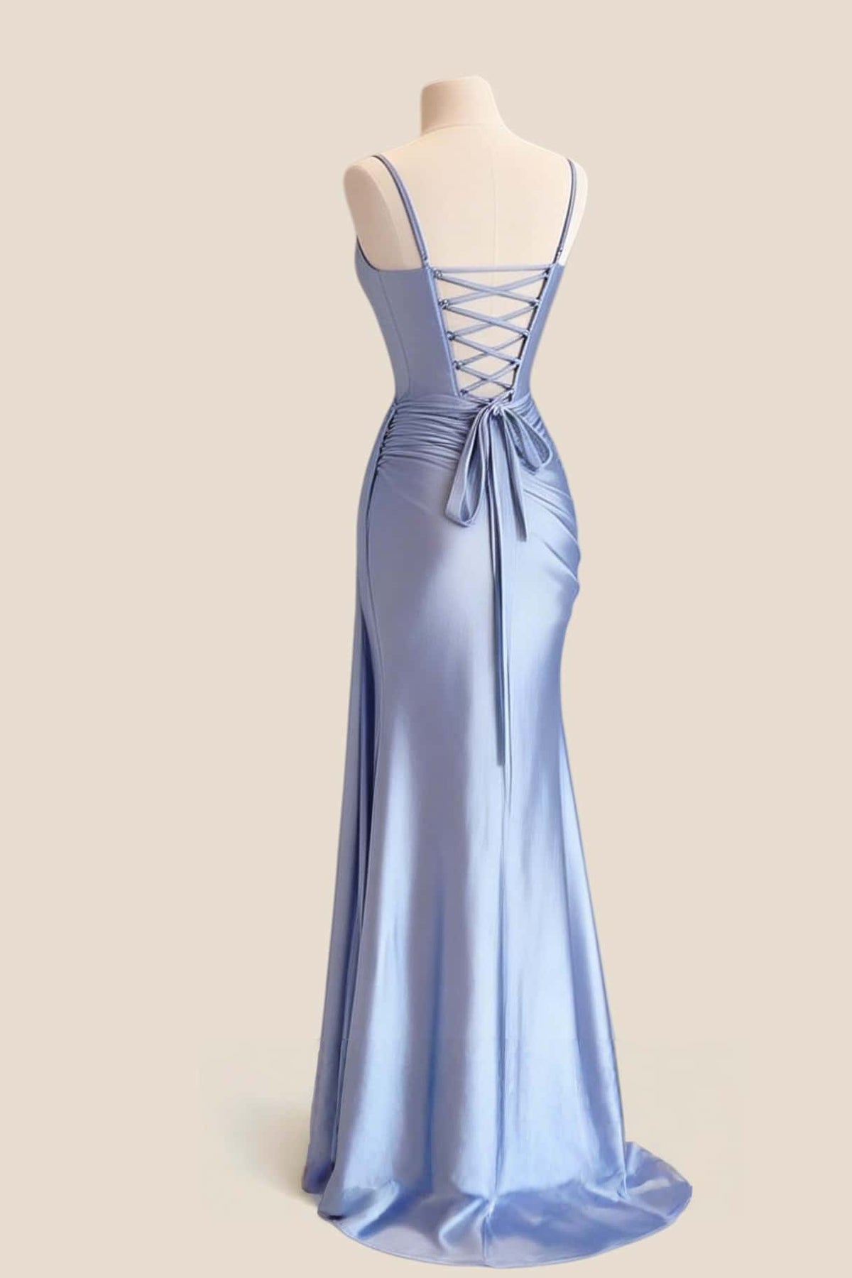 Blue Satin Straps Ruched Long Prom Dress with Train