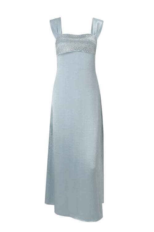 Cap Sleeves Beaded Blue Empire Satin Dress
