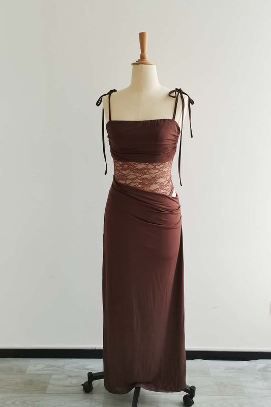 Brown Sheer Lace Spandex Long Dress