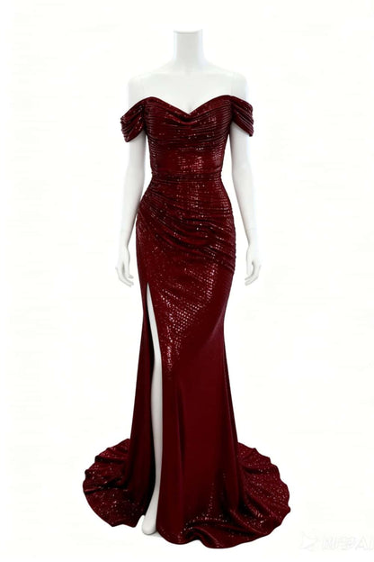 Off the Shoulder Burgundy Sequin Fitted Slit Dress