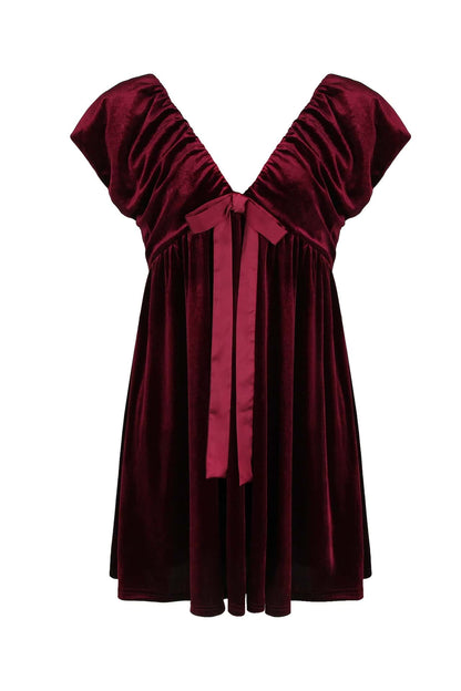 Burgundy Velvet Cap Sleeves Short Dress