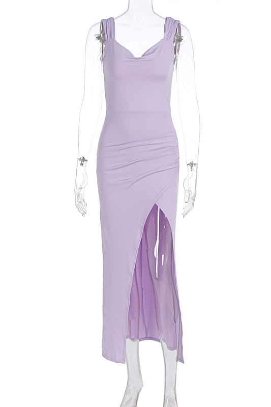 Pink Cowl Neck Fitted Slit Long Dress