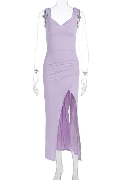 Pink Cowl Neck Fitted Slit Long Dress
