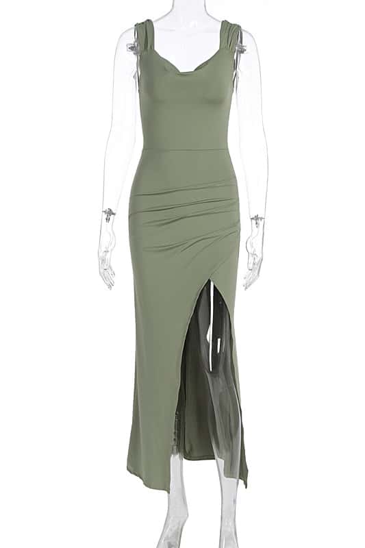 Pink Cowl Neck Fitted Slit Long Dress