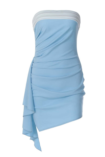 Blue Strapless Ruched Tight Mini Dress
