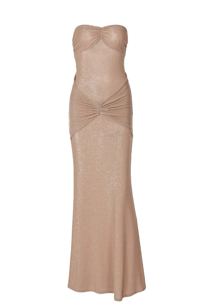 Apricot Strapless Ruched Fitted Long Dress